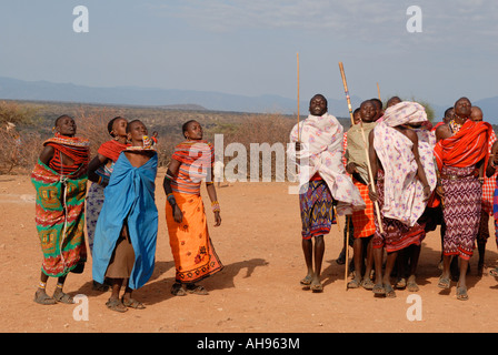 A group of Samburu men and women dancing near Samburu National Reserve Kenya East Africa Stock Photo