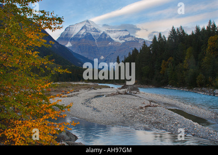 Mount Robson and Robson river in autumn. Stock Photo