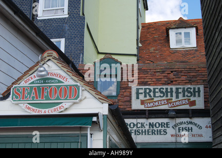 Seafood shops, The Stade, Hastings Old Town, Hastings, East Sussex, England, United Kingdom Stock Photo