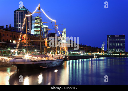 Lateral 45 degrees view of Corbeta Uruguay at dusk, Puerto Madero Buenos Aires, Argentina Stock Photo
