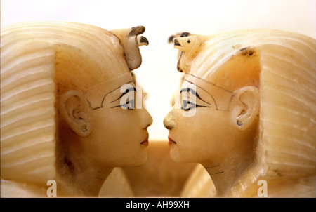 The hand carved alabaster jars used to hold the removed organs of King Tut, located in the Cairo Museum, Egypt. Stock Photo