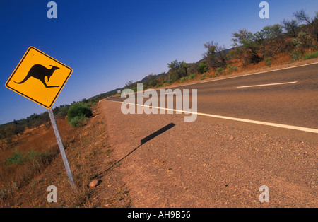 South Australia Flinders range Kangaroo warning sign on an empty outback road in the Flinders range national park  South Australia Stock Photo