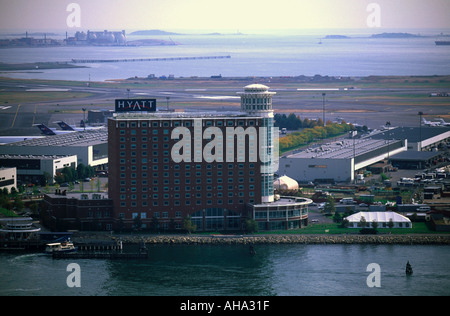 Aerial view, Hyatt Hotel, Logan International Airport on Boston Harbor Stock Photo