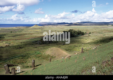 Panoramic view from Rano Raraku quarry over Easter Island Chile South Pacific Stock Photo