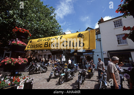 Old motorbikes from the Bridport Classic Bike Club on display at Bridport Saturday market West Dorset England UK Stock Photo
