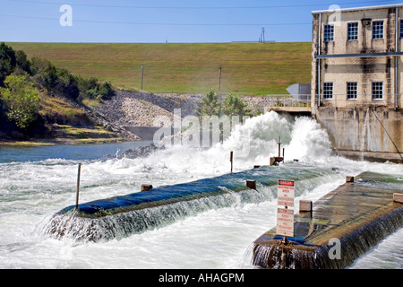 Texas power hydro electric Guadalupe River with out flow of lake water into river Stock Photo