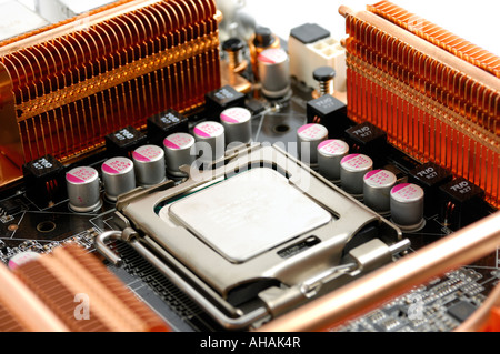 CPU in LGA775 slot of a computer motherboard Stock Photo