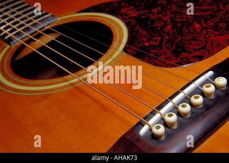 A closeup of the quality workmanship on a vintage acoustic guitar Stock Photo