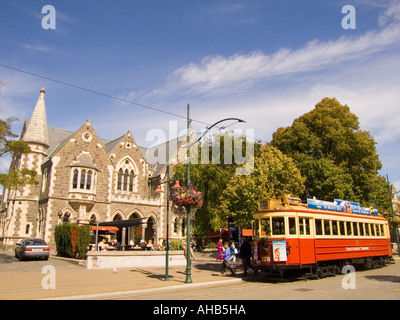 a tram on christchurch city tour stops in front of the christchurch art centre new zealand Stock Photo