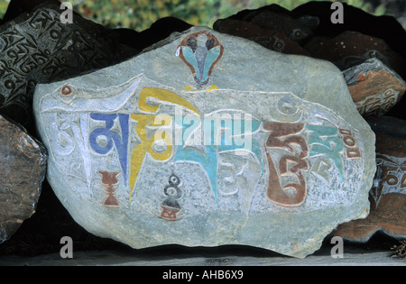Buddhist mantras and sacred writings on stones in Pisang surroundings Annapurna Conservation area Nepal Stock Photo
