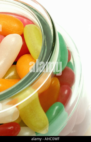 Multi Coloured Jelly Beans in a glass jar Stock Photo
