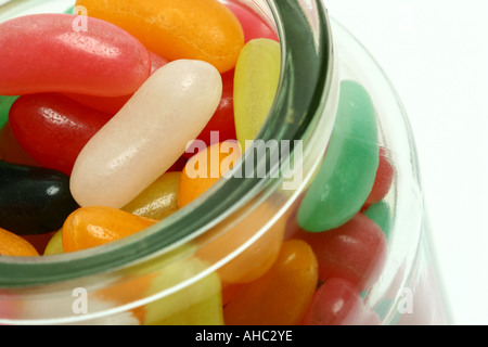 Multi Coloured Jelly Beans in a glass jar Stock Photo