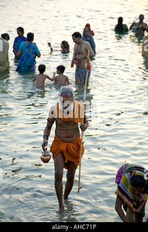 Ritual morning bath. Tulsi Ghat. Ganges river. Varanasi. India Stock Photo