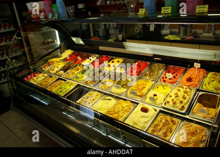 Selection of gourmet ice creams in a display case freezer Stock Photo