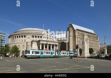 England, Manchester, St Peter's Square, the central library and a metrolink tram Stock Photo