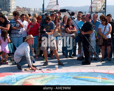 Julian Beever sidewalk chalk artist creates drawing on Redondo Beach Pier CA. USA Stock Photo