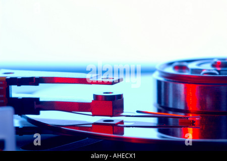 Platter and read write head of computer hard disk drive Stock Photo