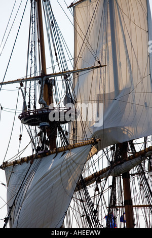 Detail of rigging, tall ship on the open ocean Stock Photo