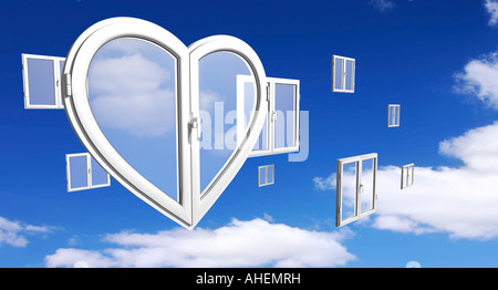 Heart shaped PVC window in front of many conventional square windows over blue cloudy sky background Creative window system Stock Photo