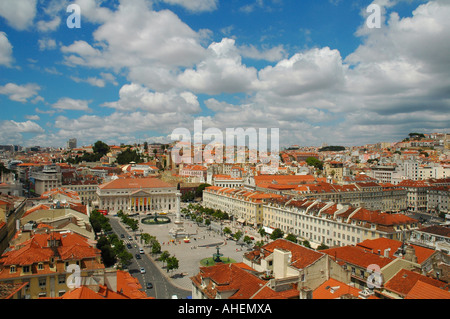 The Pombaline Downtown (or Baixa )district overview with Rossio or Praca de Dom Pedro paved square, Lisbon Portugal Stock Photo