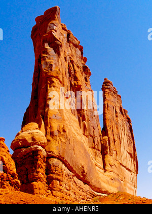 Massive red rock formations in the summertime at Arches National Monument in southeastern Utah Stock Photo