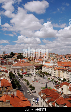 Baixa district overview with Rossio or Praca de Dom Pedro paved square Lisbon city, Portugal Stock Photo