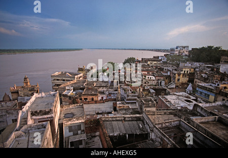 Scene over the rooftops of Varanasi and the Ganges river Uttar Pradesh India Rooftop cafe view Stock Photo