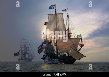 Tall ships on the open ocean Stock Photo