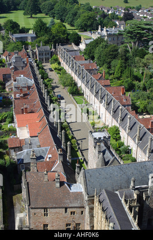 Wells Somerset Vicars Close oldest medieval street layout in Europe seen from the Cathedral tower tour view rooftop Stock Photo