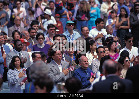 Crowd Of Immigrants Repeat Pledge Of Allegiance During 4th Of July U S Naturalization Ceremony Seattle Washington Stock Photo