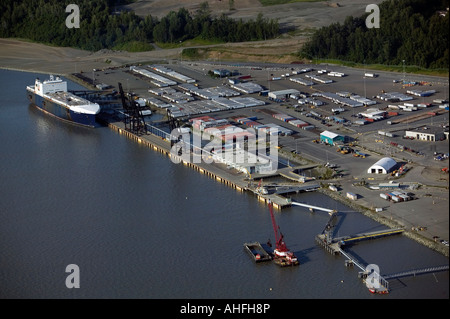 Aerial above Port of Anchorage Alaska oil petroleum storage from above ...