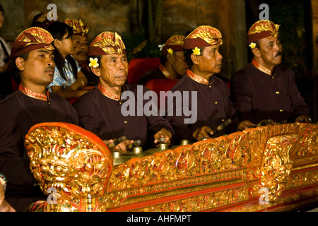 Men Playing Gamelan during Dance Performance Ubud Palace Bali Indonesia Stock Photo