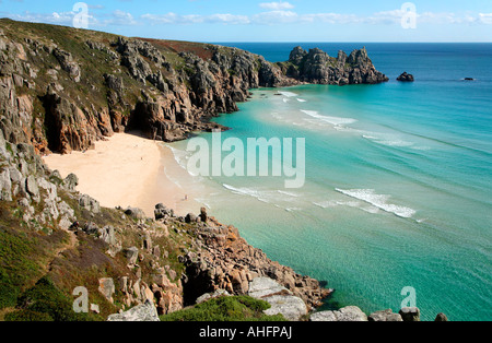Looking down from the cliffs at Pedn Vounder beach, Porthcurno, Cornwall UK. Stock Photo