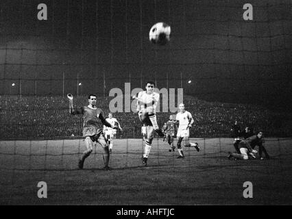 football, Bundesliga, 1968/1969, Boekelberg Stadium, Borussia Moenchengladbach versus Kickers Offenbach 4:1, scene of the match, disallowed goal, f.l.t.r. Hermann Nuber (Offenbach), Herbert Wimmer, Herbert Laumen (both Gladbach), Willi Rodekurth (Offenbac Stock Photo