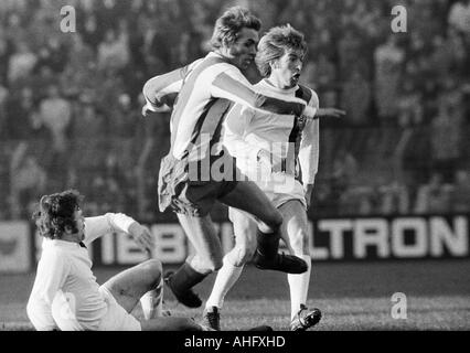 football, Bundesliga, 1972/1973, Boekelberg Stadium, Borussia Moenchengladbach versus Wuppertaler SV 2:1, scene of the match, f.l.t.r. Shmuel Rosenthal (MG), Juergen Kohle (WSV), Hartwig Bleidick (MG) Stock Photo