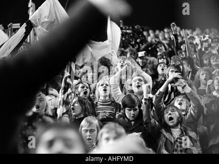 football, European Cup Winners Cup, eighth final, first leg, 1973/1974, Borussia Moenchengladbach versus Glasgow Rangers 3:0, Boekelberg Stadium in Moenchengladbach, rejoicing Gladbach football fans at the 2:0 goal to Gladbach by Jupp Heynckes (not pictur Stock Photo