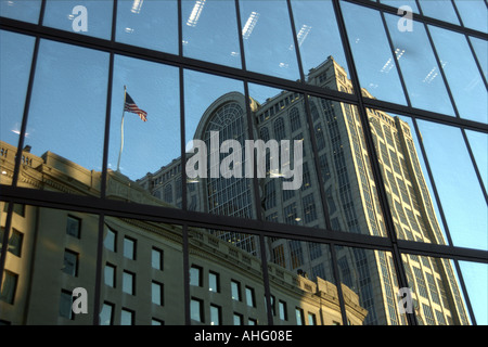 Boston buildings and flag reflected in windows Stock Photo