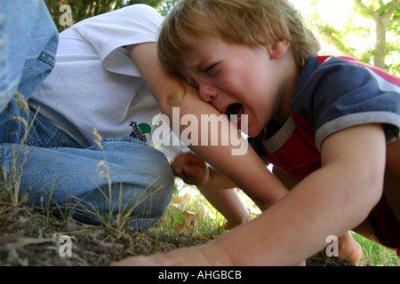 two young brothers fighting Stock Photo