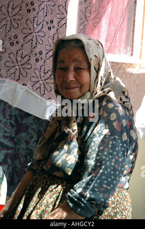 Portrait of elderly woman in Bezirgan a village in Southern Turkey. Stock Photo