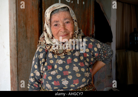 Portrait of elderly woman in Bezirgan a village in Southern Turkey Stock Photo