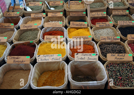 Spices and herbs lined up for sale in  Turkish market in Kalkan. Stock Photo