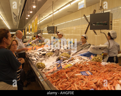 Spanish supermarket, large display counter of fresh fish, Spain Stock Photo