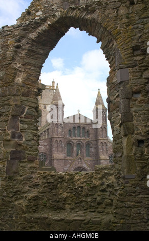 St David's Cathedral from the Bishop's Palace ruins, Pembrokeshire, Wales Stock Photo