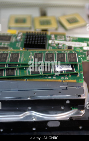 pile of old broken computer components Stock Photo