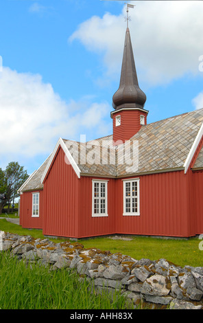 Stave Church of Flakstad, Lofoten Islands, Norway Stock Photo