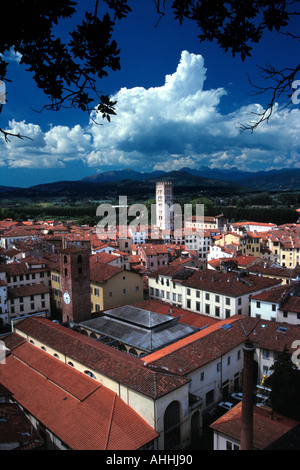 Church of San Frediano and the Anfiteatro Romano from the Torre Guinigi, Lucca, Italy. Stock Photo