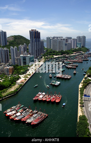 Aerial View of Ships and Boats Anchored in Harbour in Aberdeen,  Hong Kong, China Stock Photo