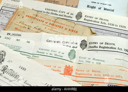View of Family documents, useful in tracing a family tree. Cerificates of birth ...