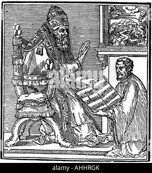 GIOVANNI PALESTRINA Italian composer shown in woodcut presenting his first book of Masses to Pope Julius III in 1552 Stock Photo