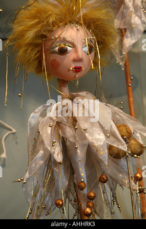 Dolls from puppet shows based on Hans Christian Andersen fairytales exhibit. Character from Thumbelina tale. Stock Photo